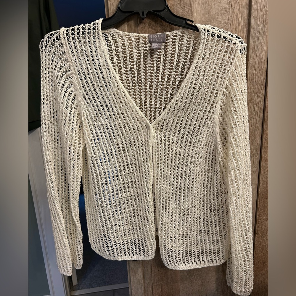 Sigrid Olsen Large Cream Crochet Vintage look Open-Knit Cardigan Sweater BOHO